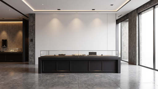 Elegant luxury watch showroom with glass display cases, professional lighting, and classic interior design showing various timepieces