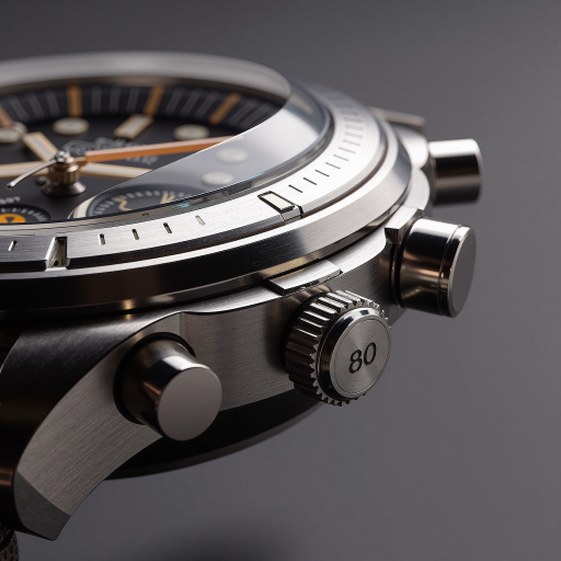 Silver luxury sports watch with blue dial showing luminous hands and hour markers, metal bracelet, chronograph subdials, tachymeter bezel