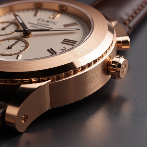 Elegant gold luxury watch with white dial featuring applied markers, leather strap, sophisticated dress watch design with visible minute track